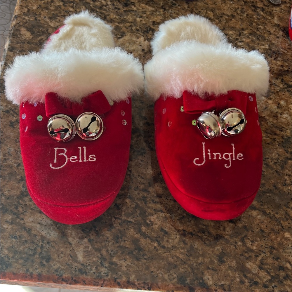 Red Jingle Bells Slippers with White Fur Trim